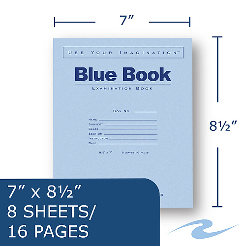 Roaring Spring Blue Book 8-sheet Exam Booklet 8 Sheets - Stapled - Ruled Margin - 15 lb Basis Weight - 7" x 8 1/2" Sheet Size - White Paper - Blue Cover - Dual Sided - 1 Each (77512EA)