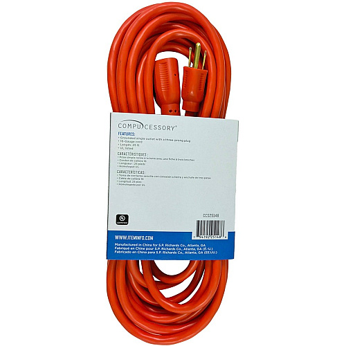 Compucessory Heavy-duty Indoor/Outdoor Extension Cord 16 Gauge - 125 V AC / 13 A - Orange - 25 ft Cord Length - 1 Each (25148)