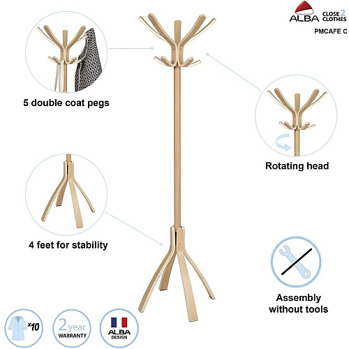 Alba High-capacity Wood Coat Stand 10 Pegs - 48" Height - for Coat, Clothes - Wood - Light Brown - 1 Each (PMCAFEC)
