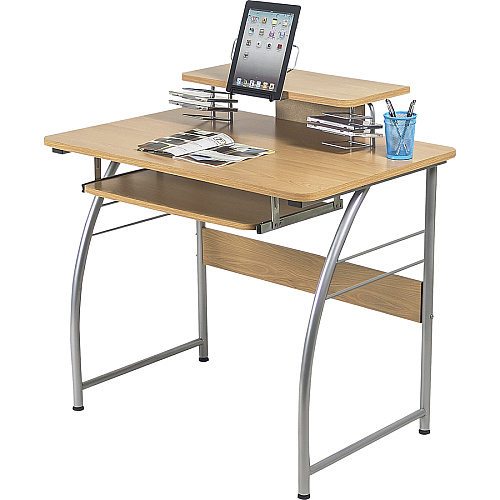 Lorell Computer Desk with Upper Shelf Laminated Rectangle Top - 23.60" Table Top Width x 35.40" Table Top Depth - 35.20" Height - Computer, Tablet, Laptop, Document, File, CD/DVD, Accessories - Assembly Required - Maple - Metal - Steel Frame Ma (LLR14337)