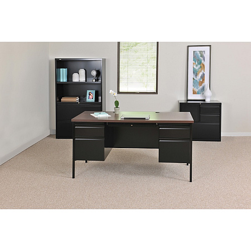 Lorell Fortress Series Double-Pedestal Desk Rectangle Top - 60" Table Top Width x 30" Table Top Depth x 1.12" Table Top Thickness - 29.50" Height - Office, File - Assembly Required - Black Walnut, Laminated, Walnut - Steel - 1 Each (LLR60927)
