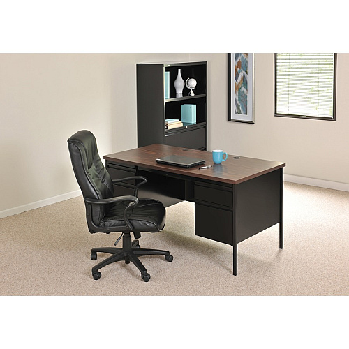 Lorell Fortress Series Double-Pedestal Desk Rectangle Top - 60" Table Top Width x 30" Table Top Depth x 1.12" Table Top Thickness - 29.50" Height - Office, File - Assembly Required - Black Walnut, Laminated, Walnut - Steel - 1 Each (LLR60927)