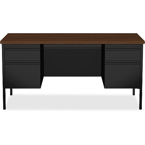 Lorell Fortress Series Double-Pedestal Desk Rectangle Top - 60" Table Top Width x 30" Table Top Depth x 1.12" Table Top Thickness - 29.50" Height - Office, File - Assembly Required - Black Walnut, Laminated, Walnut - Steel - 1 Each (LLR60927)