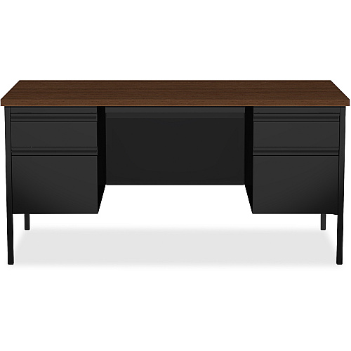 Lorell Fortress Series Double-Pedestal Desk Rectangle Top - 60" Table Top Width x 30" Table Top Depth x 1.12" Table Top Thickness - 29.50" Height - Office, File - Assembly Required - Black Walnut, Laminated, Walnut - Steel - 1 Each (LLR60927)