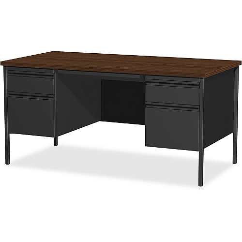 Lorell Fortress Series Double-Pedestal Desk Rectangle Top - 60" Table Top Width x 30" Table Top Depth x 1.12" Table Top Thickness - 29.50" Height - Office, File - Assembly Required - Black Walnut, Laminated, Walnut - Steel - 1 Each (LLR60927)