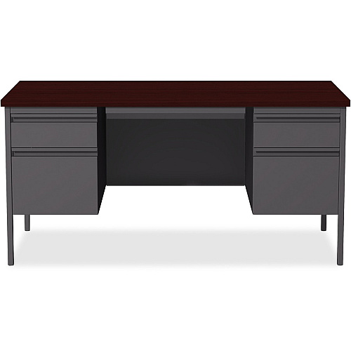 Lorell Fortress Series Double-Pedestal Desk Rectangle Top - 60" Table Top Width x 30" Table Top Depth x 1.12" Table Top Thickness - 29.50" Height - Office, File - Assembly Required - Laminated, Mahogany - Steel - 1 Each (LLR60928)