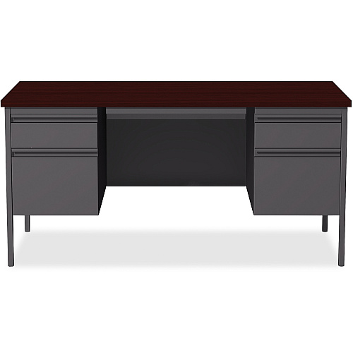 Lorell Fortress Series Double-Pedestal Desk Rectangle Top - 60" Table Top Width x 30" Table Top Depth x 1.12" Table Top Thickness - 29.50" Height - Office, File - Assembly Required - Laminated, Mahogany - Steel - 1 Each (LLR60928)