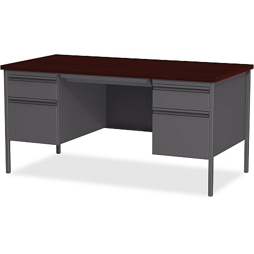 Lorell Fortress Series Double-Pedestal Desk Rectangle Top - 60" Table Top Width x 30" Table Top Depth x 1.12" Table Top Thickness - 29.50" Height - Office, File - Assembly Required - Laminated, Mahogany - Steel - 1 Each (LLR60928)