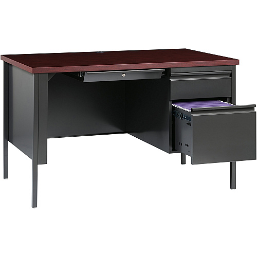 Lorell Fortress Series 48" Right Single-Pedestal Desk Laminated Rectangle, Mahogany Top - 30" Table Top Length x 48" Table Top Width x 1.13" Table Top Thickness - 29.50" Height - Business Environment, Educational Environment, Office - Assembly  (LLR66903)