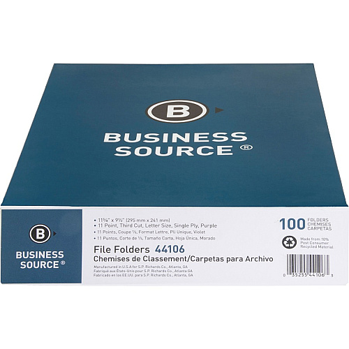 Business Source 1/3 Tab Cut Recycled Top Tab File Folder 11 pt. - Purple - 10% Recycled - 100 / Box (BSN44106)