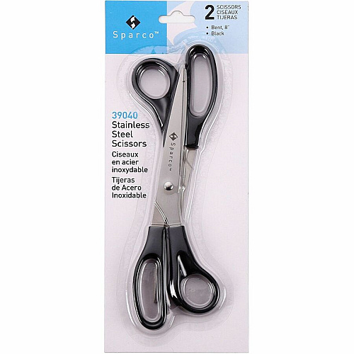 Sparco 8" Bent Multipurpose Scissors 8" Overall Length - Bent - Stainless Steel - Black - 2 / Pack (39040)