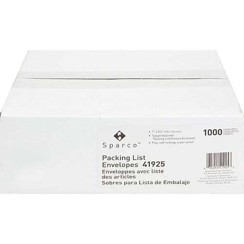 Sparco Pre-labeled Packing Slip Envelope Packing List - 7" Width x 5 1/2" Length - 70 g/m² - Self-adhesive Seal - White - Paper, Low Density Polyethylene (LDPE) - 1000 / Box (41925)