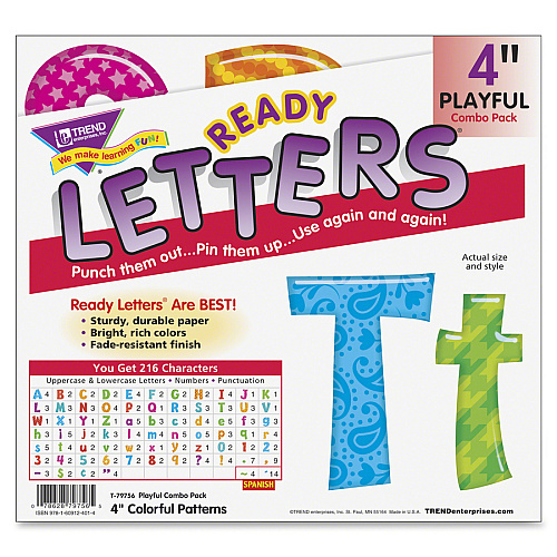 Trend Colorful Patterns 4-inch Ready Letters Learning Theme/Subject - 59 x Uppercase Letters, 84 x Lowercase Letters, 20 x Numbers, 35 x Punctuation Marks, 18 x Spanish Accent Mark Shape - Fade Resistant, Sturdy, Durable, Reusable - 4" Height x 8" (79756)