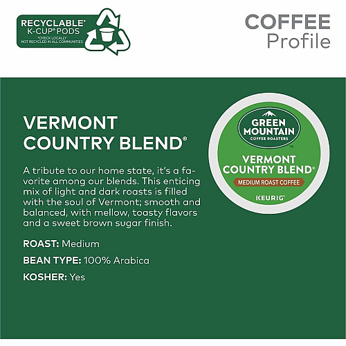 Green Mountain Coffee Roasters&reg; K-Cup Vermont Country Blend Coffee Compatible with Keurig Brewer - Regular - Medium - K-Cup - 24/Box - 4 / Carton (6602CT)
