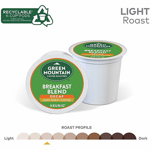 Green Mountain Coffee Roasters&reg; K-Cup Breakfast Blend Decaf Coffee Compatible with Keurig Brewer - Light - K-Cup - Decaffeinated - 24/Box - 4 / Carton (7522CT)