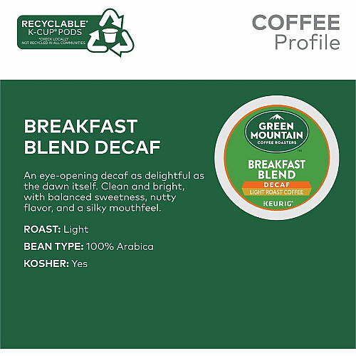 Green Mountain Coffee Roasters&reg; K-Cup Breakfast Blend Decaf Coffee Compatible with Keurig Brewer - Light - K-Cup - Decaffeinated - 24/Box - 4 / Carton (7522CT)
