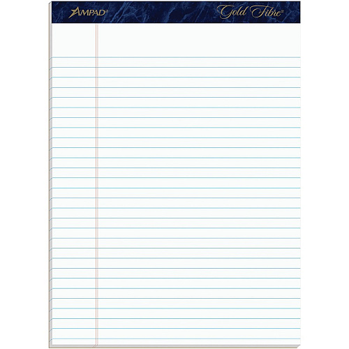 TOPS Gold Fibre Ruled Perforated Writing Pads - Letter 50 Sheets - Watermark - Stapled/Glued - Front Ruling Surface - 0.34" Ruled - Ruled Margin - 20 lb Basis Weight - Letter - 8 1/2" x 11 3/4" Sheet Size - White Paper - Dark Blue Binding - Micro (20031R)