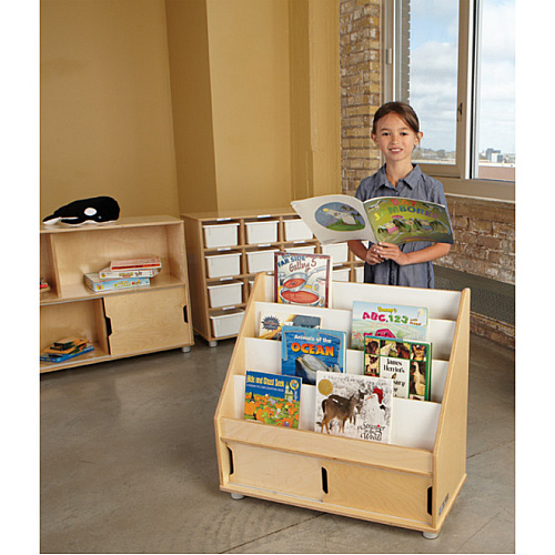 Jonti-Craft TrueModern Book Rack 4 Pocket(s) - 28.50" Height x 30" Width x 13.50" Depth - Sliding Door, Durable, Rounded Corner - Baltic - Anodized Aluminum, Baltic Birch - 1 Each (1728JC)