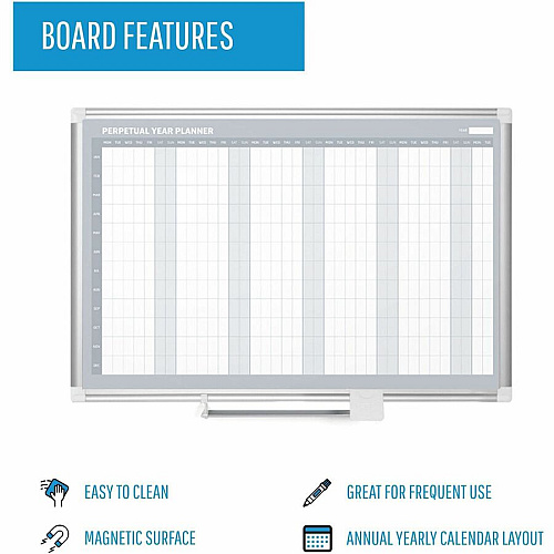 MasterVision Magnetic 12-Month Planner Monthly - 12 Month - Silver Gray, White, Pale Gray - Aluminum, Lacquered Steel - 36" Height x 48" Width - Durable, Accessory Tray, Dry Erase Surface, Magnetic - 1 Each (GA0594830)