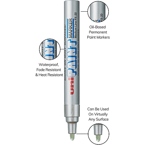 uni-ball uni&reg; uni-Paint PX-20 Oil-Based Marker Medium Marker Point - Metallic Silver Ink - Oil Based - Silver Barrel - 1 Dozen (63614DZ)