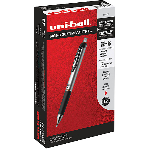 uni-ball uniball&trade; 207 Impact RT Gel Pens 1 mm Bold Pen Point - Refillable - Retractable - Red Ink - Gel-based - Metallic Barrel - 1 Dozen (65872DZ)