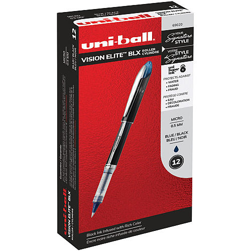 uni-ball uniball&trade; Vision Elite BLX Rollerball Pen 0.5 mm Micro Pen Point - Black/Blue Ink - Pigment-based - 1 Dozen (69020DZ)