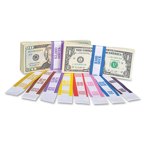 PAP-R Currency Straps 1.25" Width - Total $5,000 in $50 Denomination - Self-sealing, Self-adhesive, Durable - 20 lb Basis Weight - Kraft - White, Multi - 1000 / Pack (405000)