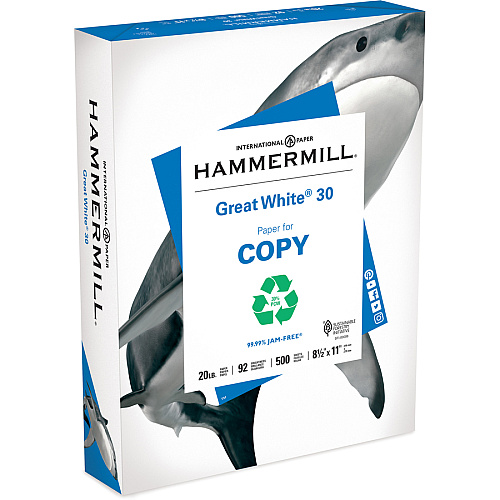 Hammermill Great White Recycled Copy Paper - White 92 Brightness - Letter - 8 1/2" x 11" - 20 lb Basis Weight - Acid-free, Archival-safe, Jam-free - White - 500 Sheets per Ream - 400 / Pallet (86700PL)