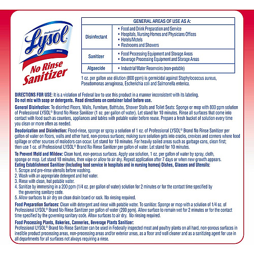 Lysol&reg; Professional No Rinse Sanitizer Concentrate - 128 fl oz (4 quart) - Disinfectant, Anti-bacterial - 1 Each (74389)
