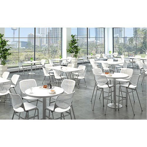 KFI 2300 BR2300 Bar Stool White Seat Color - Polypropylene Seat Material - White Back Color - Polypropylene Back Material - Silver Frame Color - Tubular Steel Frame Material - Four-legged Base - Nylon - 1 Each (BR2300P08)