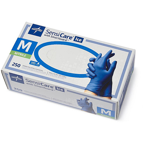 Medline SensiCare Ice Blue Nitrile Exam Gloves 9.50" Glove Length - Medium Size - Dark Blue - Comfortable, Chemical Resistant, Latex-free, Textured Fingertip, Non-sterile, Durable - For Medical - 250 / Box (MDS6802)