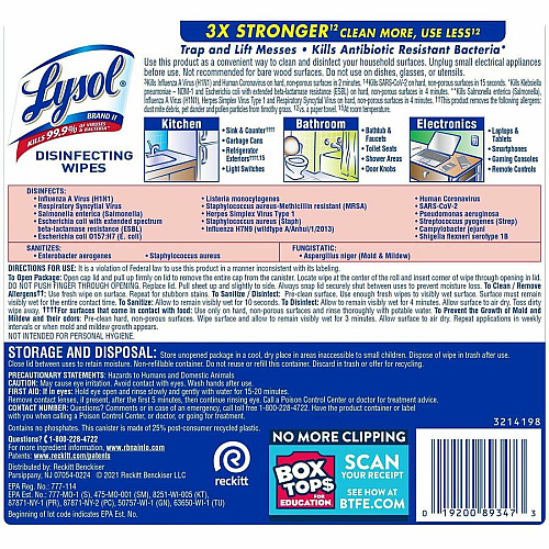 Lysol Early Morning Breeze Disinfecting Wipes For Multipurpose, Multi Surface - Early Morning Breeze Scent - Recommended For: Virus Remover, Bacteria Remover - Disinfectant, Pre-moistened, Anti-bacterial - White - 80/Tub - 1 Each (89347)