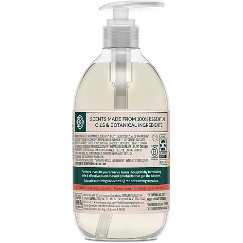 Seventh Generation Hand Wash Mandarin Orange and Grapefruit Scent - 12 fl oz - Pump Bottle Dispenser - Hand - Orange - Rich Lather, Triclosan-free, Non-toxic, Dye-free, Bio-based, Phthalate-free - 1 Each (22925)
