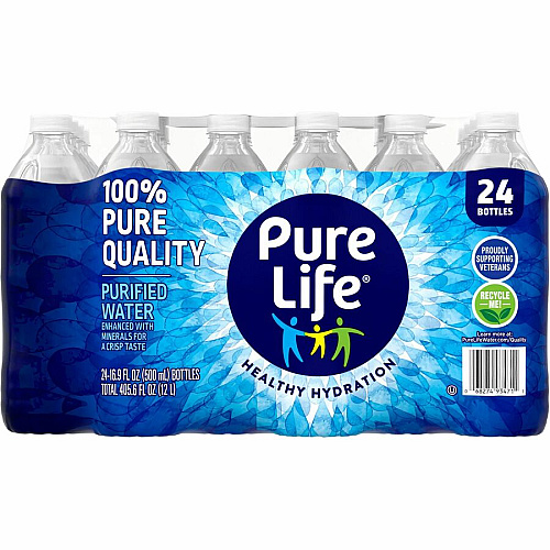 Pure Life Purified Bottled Water Ready-to-Drink - 16.91 fl oz (500 mL) - 24/Carton - 78 / Pallet (101264PL)
