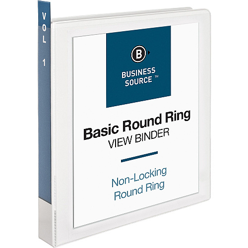Business Source Round-ring View Binder 1" Binder Capacity - Letter - 8 1/2" x 11" Sheet Size - 225 Sheet Capacity - Fastener(s): Round Ring - Pocket(s): 2, Internal - Chipboard, Polypropylene - White - Wrinkle-free, Gap-free Ring, Clear Overl (BSN09953CT)