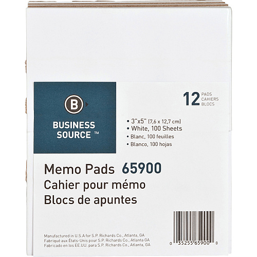 Business Source Plain Memo Pads 100 Sheets - Plain - Glued - Unruled Front Ruling - 15 lb Basis Weight - 3" x 5" Sheet Size - White Paper - Chipboard Backing - 1 Dozen/Pack - 36 / Carton (BSN65900CT)