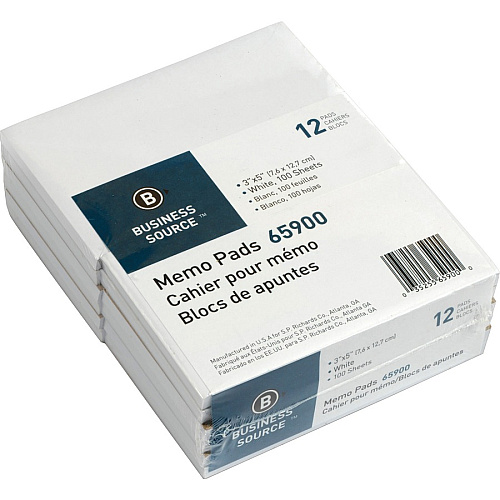 Business Source Plain Memo Pads 100 Sheets - Plain - Glued - Unruled Front Ruling - 15 lb Basis Weight - 3" x 5" Sheet Size - White Paper - Chipboard Backing - 1 Dozen/Pack - 36 / Carton (BSN65900CT)