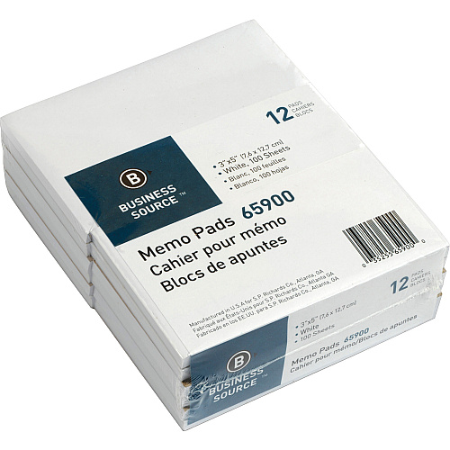 Business Source Plain Memo Pads 100 Sheets - Plain - Glued - Unruled Front Ruling - 15 lb Basis Weight - 3" x 5" Sheet Size - White Paper - Chipboard Backing - 1 Dozen/Pack - 36 / Carton (BSN65900CT)