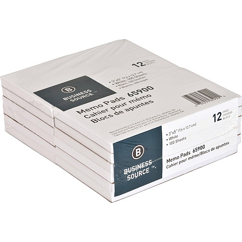 Business Source Plain Memo Pads 100 Sheets - Plain - Glued - Unruled Front Ruling - 15 lb Basis Weight - 3" x 5" Sheet Size - White Paper - Chipboard Backing - 1 Dozen/Pack - 36 / Carton (BSN65900CT)