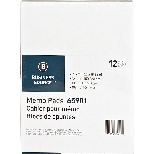 Business Source Plain Memo Pads 100 Sheets - Plain - Glued - Unruled Front Ruling - 15 lb Basis Weight - 4" x 6" Sheet Size - White Paper - Chipboard Backing - 1 Dozen/Pack - 12 / Carton (BSN65901CT)