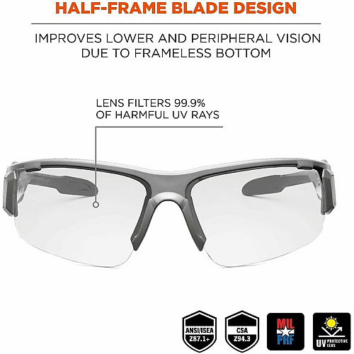 Ergodyne Clear Lens/Gray Half Frame Safety Glasses Ultraviolet Protection - Clear, Smoke Lens - Matte Gray Frame - Durable, Flexible, Non-slip, Scratch Resistant, Perspiration Resistant, Comfortable - 1 Each (52100)