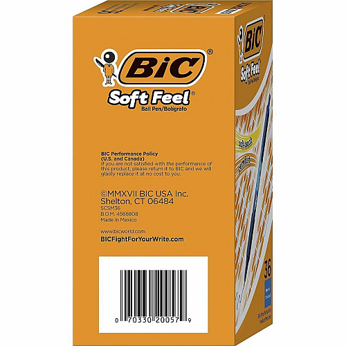 BIC SoftFeel Retractable Ball Pens 1 mm Medium Pen Point - Retractable - Blue Ink - Blue Barrel - 36 / Box (SCSM361BE)