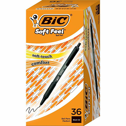 BIC SoftFeel Retractable Ball Pens 1 mm Medium Pen Point - Retractable - Black Ink - Black Barrel - 36 / Box (SCSM361BK)