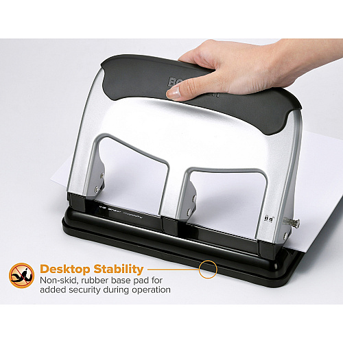 Bostitch EZ Squeeze 40-sheet 3-Hole Punch 3 Punch Head(s) - 40 Sheet of 20lb Paper - 9/32" Punch Size - 7.4" Width x 3.1" Height - Black, Silver (HP40)