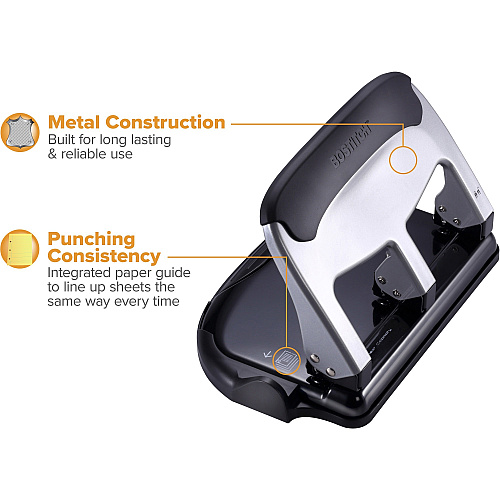 Bostitch EZ Squeeze 40-sheet 3-Hole Punch 3 Punch Head(s) - 40 Sheet of 20lb Paper - 9/32" Punch Size - 7.4" Width x 3.1" Height - Black, Silver (HP40)