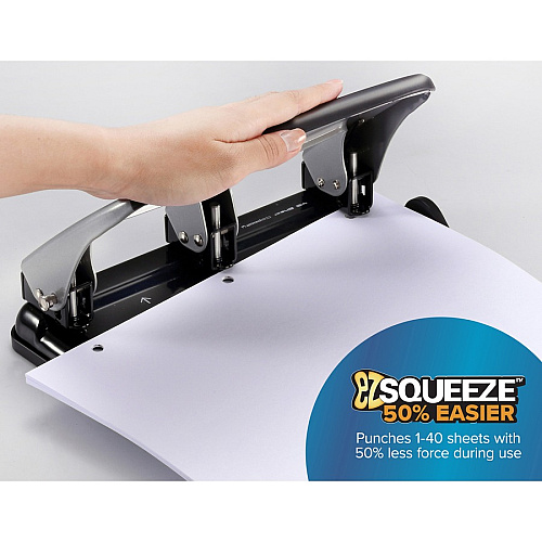 Bostitch EZ Squeeze 40-sheet 3-Hole Punch 3 Punch Head(s) - 40 Sheet of 20lb Paper - 9/32" Punch Size - 7.4" Width x 3.1" Height - Black, Silver (HP40)