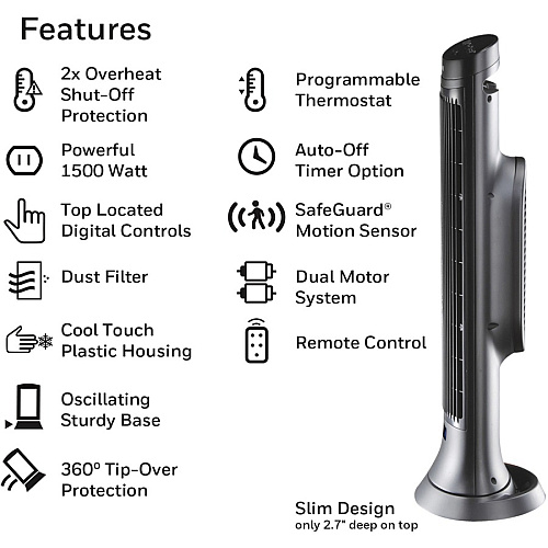 Honeywell Motion Sensor Ceramic Heater Ceramic - 1500 W - 2 x Heat Settings - Timer - 1500 W - Oscillation - Indoor - Tower - Dark Gray (HCE323V)