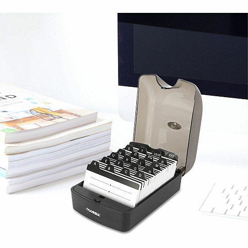 Lorell Desktop Business Card File 350 Card Capacity - Black, Clear (LLR01028)