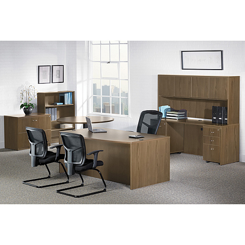 Lorell Essentials Oval Conference Table x 1.3" Thickness Table Top, 29.5" Height x 70.9" Width x 35.4" Depth Table - Finish: Walnut Laminate - Adjustable Foot Glide (LLR69988)