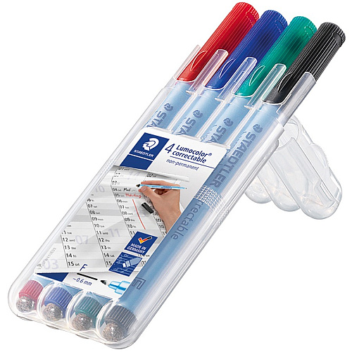 Lumocolor Correctable Marker Pens 0.6 mm Fine Marker Point - Refillable - Assorted Ink - Polypropylene Barrel - 4 / Set (305FWP41)
